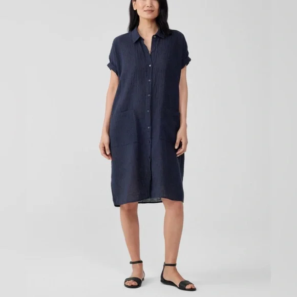 Eileen Fisher Navy Button-Up Shirt Dress - Picture 2 of 6